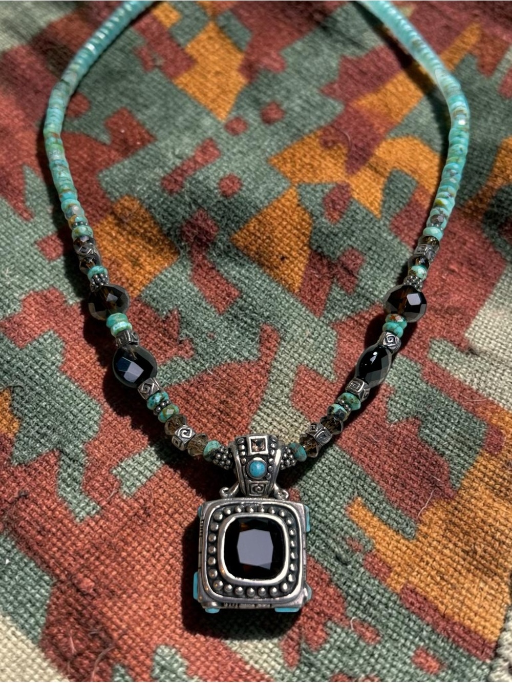 Vintage BARSE Sterling Silver Turquoise, Black Onyx Pendant Necklace 925 Western